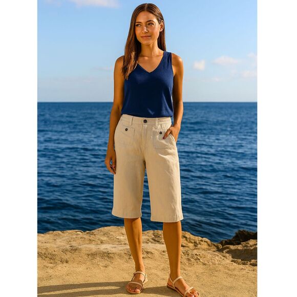 Papagallo Linen Blend Wide Leg Capri Womens Sz 10P Y2k Tan Scandi Girl Lagenlook - Picture 1 of 14